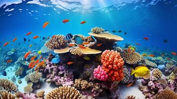 Enchanting underwater scene of a vibrant, multi-colored coral reef teeming with diverse fish photo