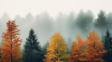 Misty forest during autumn with tall trees and multicolored leaves, providing ample copy space photo