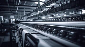 Modern textile factory with automated looms weaving patterns photo