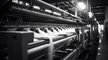 Modern textile factory with automated looms weaving patterns photo