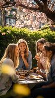 amigos compartiendo la risa y comidas debajo el pabellón de cierne arboles en un primavera jardín ai generativo foto