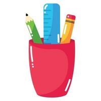 Cartoon school supplies. Plastic school glass with ruler, colourful pencil and pencil vector