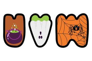 Halloween English alphabet. UVW letters in flat cartoon style. Abc with a cauldron with a potion, a ghost and a spider with a web vector