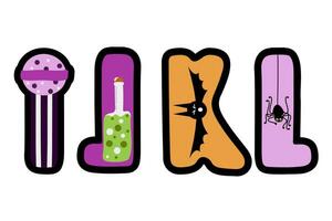 Halloween English alphabet. IJKL letters in flat cartoon style. Abc with bat, spider, lollipop, potion bottle vector