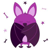 Happy Halloween sticker with Cute bat. holiday clipart of vampire with bones and stars vector