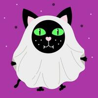 contento Víspera de Todos los Santos pegatina con linda negro gato vestido como un fantasma. fiesta clipart vector