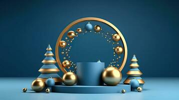 3D Render of Blue Podium Adorned with Gold Arch Christmas Tree Decorations, AI Generated photo