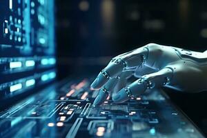 Hands of Robot Touhcing Coding Monitor, Generative AI photo