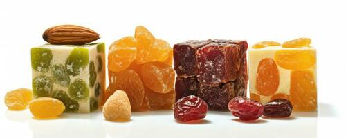 Cube shaped, mix dry fruit on white background, AI Generated photo