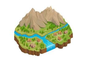 isométrica montaña con río y aldea. vector