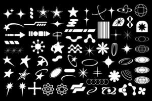 Set of white on a black background abstract y2k geometric elements and shapes. vector