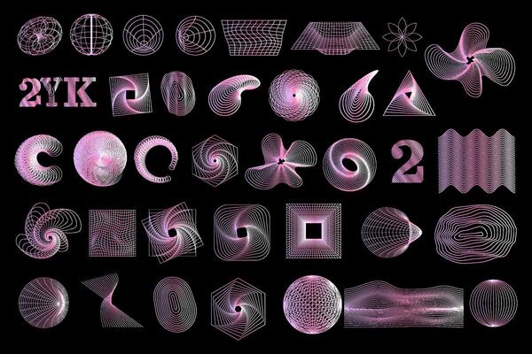 Set of gradient abstract y2k geometric wireframe elements and shapes.  Retro design elements.