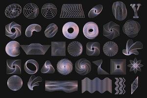 Set of gradient abstract y2k geometric wireframe elements, shapes. Retro elements vector