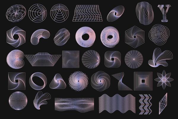 Set of gradient abstract y2k geometric wireframe elements, shapes. Retro elements