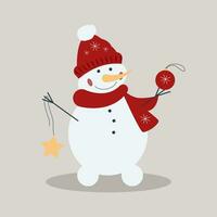 Vector flat Christmas or Happy New Year little cute snowman is standing with star and tree decoration isolated on a craft background.