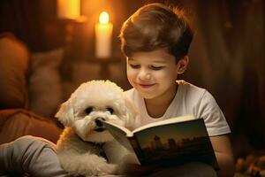 chico sonriente con bichón frise perro leyendo libro. generar ai foto