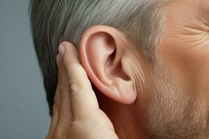 hombre escuchando problema de cerca sonido. generar ai foto