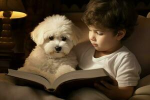 chico con bichón frise perro leyendo libro en cama. generar ai foto