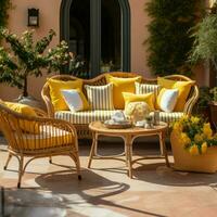 Rattan sofa home patio with pillows banner. Generate Ai photo