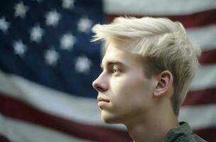 Blonde man usa flag portrait. Generate Ai photo