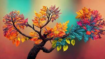 Colorful tree with leaves on hanging branches illustration background. Ai Generative. photo