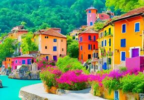 Colorful village with mountain background. photo