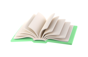 3d icon open green book school, diary with white paper blank pages and bookmark. Cartoon minimal style transparent png