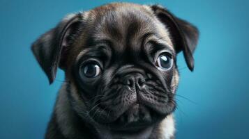 Adorable pug dog posing on blue background for mockup. AI Generated photo