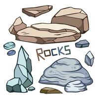 A bunch of colorful rocks and stones vector illustration with warm and cool tone outlined isolated on square white background. Simple flat cartoon art styled drawing. Natural object rough stones.