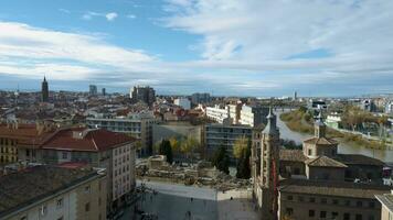 Aerial town scene of Zaragoza with river Ebro, Spain video