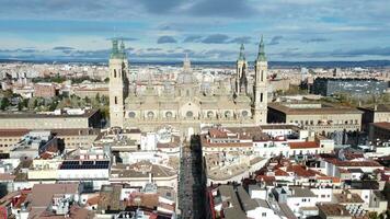 Zaragoza cityscape with Basilica del Pilar in Spain, aerial video