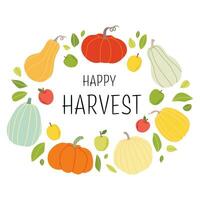 Happy Harvest. Horizontal banner with different pumpkins isoleted on white background. Vector harvest, autumn design element. Pumpkin set different colors and sizes. Flat design