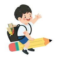 Kid boy student flying on Pencil vector