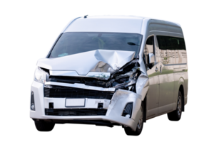 Front and side of white van car get damaged by accident on the road. damaged cars after collision. isolated on transparent background, car crash bumper on the road for graphic design element, PNG File