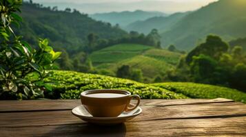 Warm cup of tea and organic green tea eaf on wooden table photo