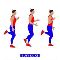Vector Man Doing Butt Kicks. Bodyweight Fitness Cardio Workout Exercise. An Educational Illustration On A White Background.