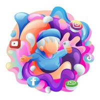 Man Holding Smartphone With Social Media Logo Around Him in Colourful Shiny Ornaments in Background vector