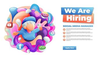 We are Hiring Social Media Manager Job Vacancy Banner Design With Modern Colorful Cartoon Illustration vector