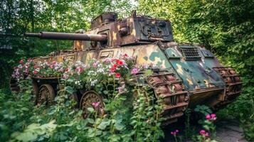 The concept of a world without war. Old vintage heavy military equipment in colored colors, sky background. photo