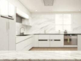 Empty marble stone table top on blur kitchen interior background, Modern kitchen background photo