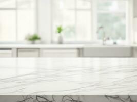 Empty marble table top with blur kitchen window background, White luxury kitchen background photo