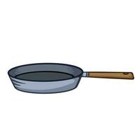 Colored Frying pan from side view with brown wooden handle vector illustration outlined isolated on square white background. Simple flat cartoon art styled drawing.