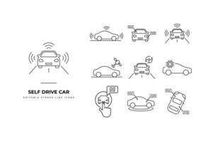 Vector autonomous self drive car sensor control system editable stroke outline icon set.