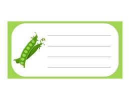 Note of cute vegetable peas label  illustration. Memo, paper. Vector drawing. writing paper
