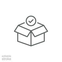 Box check icon. Simple outline style. Receive product, delivery package, open order, cardboard, bulk, unpack box concept. Thin line symbol. Vector isolated on white background. Editable stroke EPS.