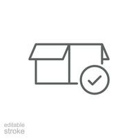 Box check icon. Simple outline style. Receive product, delivery package, open order, cardboard, bulk, unpack box concept. Thin line symbol. Vector isolated on white background. Editable stroke EPS.