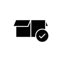 Box check icon. Simple solid style. Receive product, delivery package, open order, cardboard, bulk, unpack box concept. Black silhouette, glyph symbol. Vector isolated on white background. EPS.