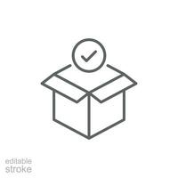 Box check icon. Simple outline style. Receive product, delivery package, open order, cardboard, bulk, unpack box concept. Thin line symbol. Vector isolated on white background. Editable stroke EPS.