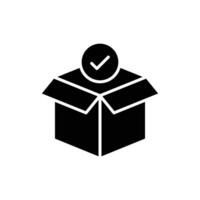 Box check icon. Simple solid style. Receive product, delivery package, open order, cardboard, bulk, unpack box concept. Black silhouette, glyph symbol. Vector isolated on white background. EPS.