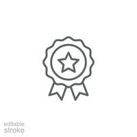 Rosette stamp icon. Simple outline style. Winner medal with star and ribbon, award, first place badge, best quality concept. Thin line symbol. Vector isolated on white background. Editable stroke EPS.